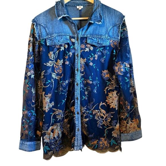 Reba Country Desert Road Embroidered Floral Denim Button Front Shirt Size XL - Picture 1 of 11